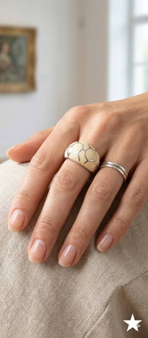 anillo de plata de ley 925 con diseño geométrico y esmalte color beige